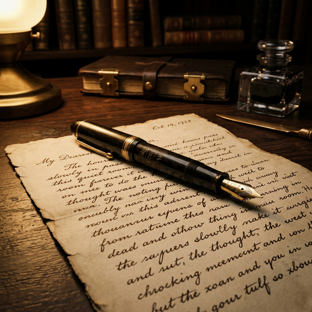 Antique fountain pen resting on a handwritten manuscript